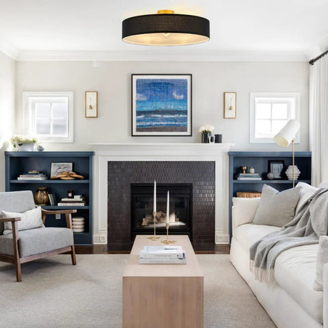 Living room with Cool Modern Flush Mount Ceiling Light Fixture With Gray Linen Drum Shade And Black Canopy Four Light Overhead