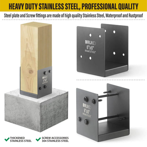 Heavy Duty Stainless Steel Deck Post Base And Anchor Bracket For Fences And Railings Porches Pavilions Concrete Support Base 6x6 Actual 5.5x5.5 In Dark Gray Finish 4 Pack, shown with wood post and concrete base.