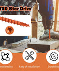 T30 star drive screw being drilled, highlighting Six Inch Truss Screws Pack Of 100 For Truss Rafter To Plate And Stud To Plate Connections