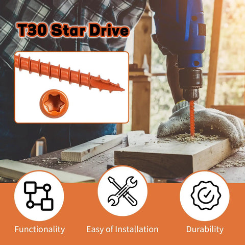 T30 star drive screw being drilled, highlighting Six Inch Truss Screws Pack Of 100 For Truss Rafter To Plate And Stud To Plate Connections