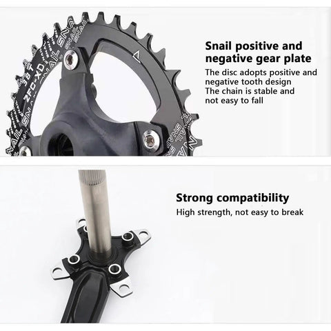 32T Aluminum MTB Crankset 170mm With 104 BCD Narrow Wide Chainring Bolts Included 74mm Mounting Hole Spacing CNC Round Chainring showcasing gear plate and compatibility.