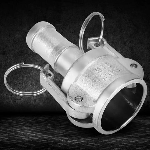 Straight Up Heavy Duty 316 Stainless Steel Camlock Coupling Quick Connect Pipe Fitting For Hydraulic Systems And Female Hose Lines Built Tough For Commercial Sites Featuring No Sweat Slide Handle Assembly, DN20 size.