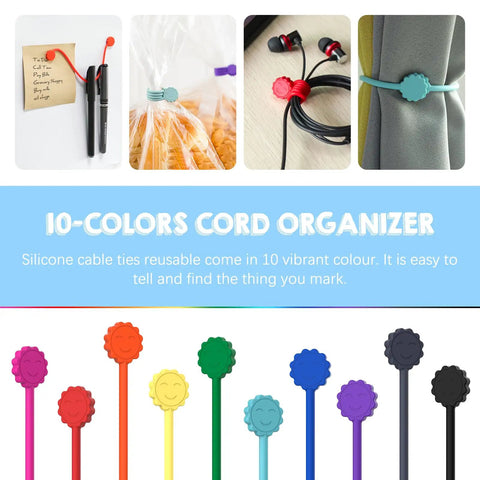 Silicone Magnetic Cable Ties Reusable Phone Cord Organizer Magnetic Twist Ties For Headphone Cables And Charging Cables, 10 Color Options
