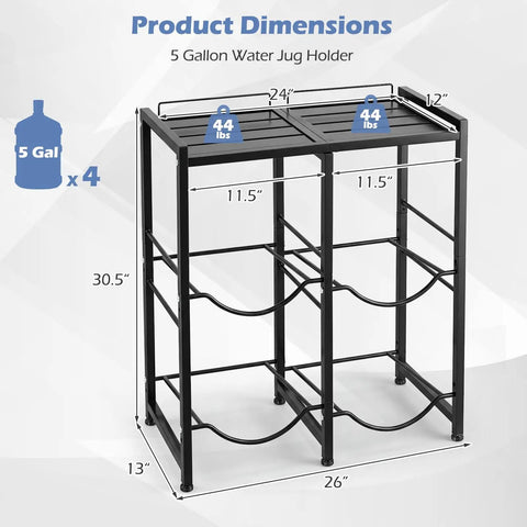 5 Gallon Water Jug Holder 2-Tier Stand With Tabletop Shelf Built To Last Heavy-Duty Carbon Steel Build For Easy Countertop Organization