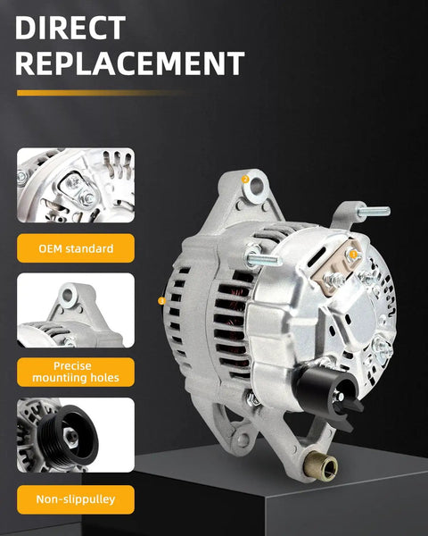90 Amp 12V Replacement Alternator For Jeep Cherokee 1991 To 1998 Grand Cherokee 1993 To 1998 Wrangler 1991 To 1995 And 1997 To 1998 And Dodge Dakota 1997 To 1998 High Quality Auto Alternator With Stable Voltage Output And Plug And Play Install showing front view with mounting holes and pulley