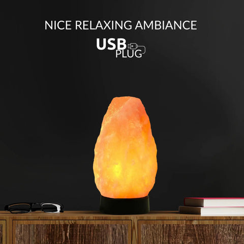 Multicolor USB LED Salt Lamp With Plastic Base For Home Office Dorm Decor, Hand Carved Salt Lamp glowing on a desk