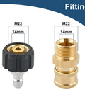 Raincovo pressure washer quick-connect fittings, M22 14mm to 1/4 inch, brass and plastic, 2 fittings shown