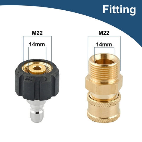 Raincovo pressure washer quick-connect fittings, M22 14mm to 1/4 inch, brass and plastic, 2 fittings shown