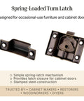 Large Antique Brass Cabinet Door Latch Fitted With Slick Oval Turn Knob For Smooth Cupboard Operation Top Notch Stamped Steel Vintage Hardware That Makes Your Kitchen Cabinetry Look Dang Awesome And Installs Without Hassle showing front and back view for cabinet doors.