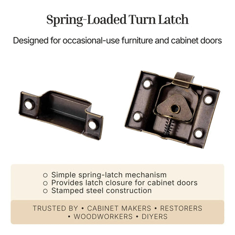 Large Antique Brass Cabinet Door Latch Fitted With Slick Oval Turn Knob For Smooth Cupboard Operation Top Notch Stamped Steel Vintage Hardware That Makes Your Kitchen Cabinetry Look Dang Awesome And Installs Without Hassle showing front and back view for cabinet doors.