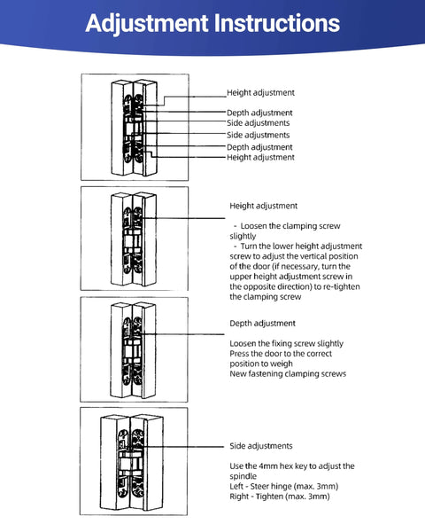 Adjustment instructions for 6 Inch Invisible Door Hinges For Doors 3D Adjustable 180 Degree Swing Heavy Duty Concealed Zinc Alloy