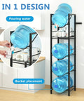 2 In 1 Five Gallon Water Jug Holder With Five Tier Stand And One Dispenser Valve Go To Tabletop Space Saving Water Bottle Storage Rack Organizer For Kitchen Office And Garage, showing water pouring from top jug.