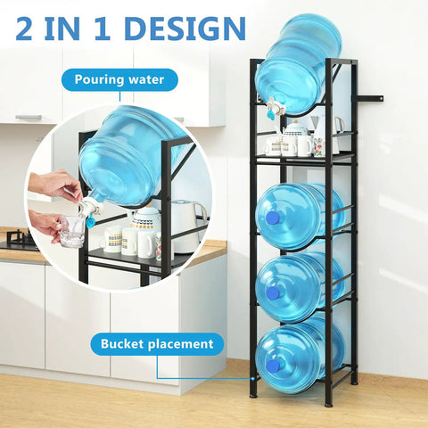 2 In 1 Five Gallon Water Jug Holder With Five Tier Stand And One Dispenser Valve Go To Tabletop Space Saving Water Bottle Storage Rack Organizer For Kitchen Office And Garage, showing water pouring from top jug.