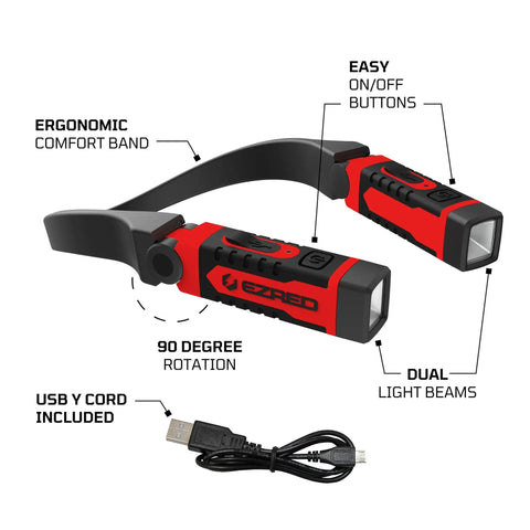 Rechargeable Hands Free Neck Light with 9 Hour Run Time, four modes, USB cord included, ergonomic band, and dual beams
