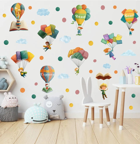 Colorful Hot Air Balloon Wall Decal Set For Classrooms And Playrooms With Flying Book Quote Stickers Kid Friendly Vinyl