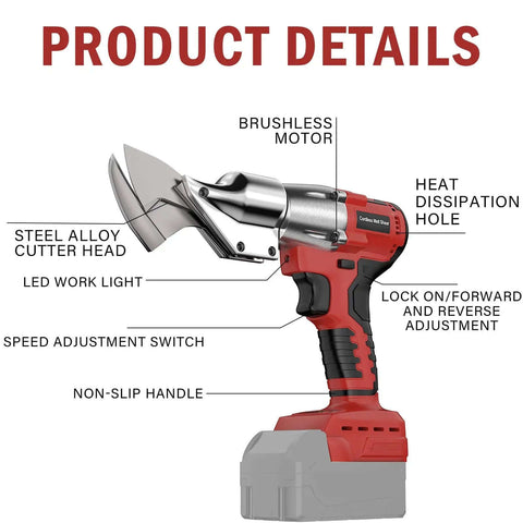 Cordless Metal Shear Tool Only For Pros, 18V Max Brushless Sheet Metal Cutter with features labeled, red and black design.