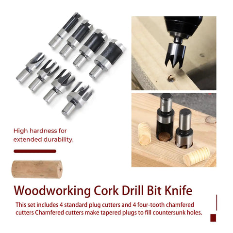 Badass Sharp And Ridiculously Tough Eight Piece Wood Plug Cutter Drill Bit Set With Titanium Coated Carbon Steel for woodworking projects.