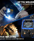 Image of welding with 8-In-1 Plasma Cutter Welder Combo 200A Dual Voltage 110 To 220V, showing HF TIG and Stick welding.