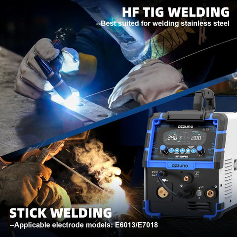 Image of welding with 8-In-1 Plasma Cutter Welder Combo 200A Dual Voltage 110 To 220V, showing HF TIG and Stick welding.