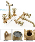 Brushed Gold Wall Mount Bathroom Faucet With Vintage Widespread Design, Dual Round Handles, Vessel Sink Ready, 360 Degree Swivel