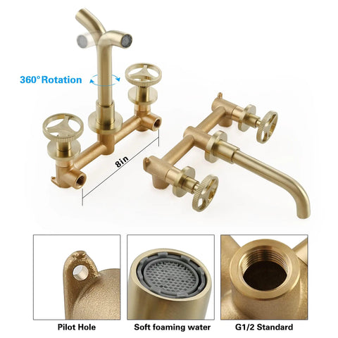 Brushed Gold Wall Mount Bathroom Faucet With Vintage Widespread Design, Dual Round Handles, Vessel Sink Ready, 360 Degree Swivel