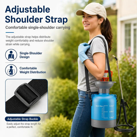 Woman using Long Reach Telescopic Wand Waterer For Hard To Reach Hanging Baskets And Wall Planters with adjustable strap.