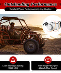 Go-kart featuring 49cc Two Stroke Pull Start Engine Kit With Single Cylinder Air Cooled Design for ATVs, inset image of engine