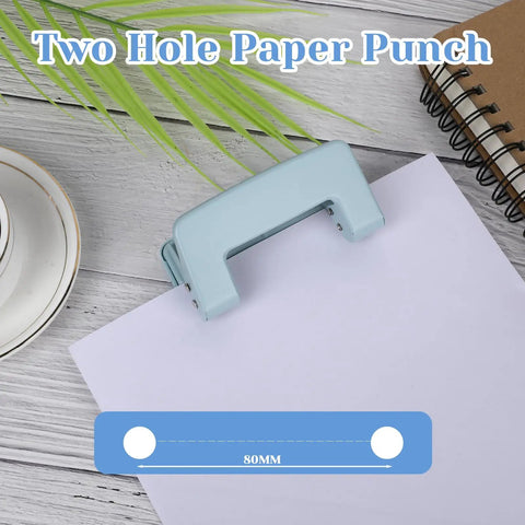 Heavy Duty Metal Two Hole Punch For A4 A5 B5 Paper, Adjustable Manual Paper Punch With 10 Sheet Capacity, Blue shown on desk