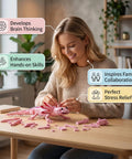 Woman assembling Pink Axolotl Building Block Set 998 Pieces 1 To 1 Scale Amphibian Model Kit at home desk