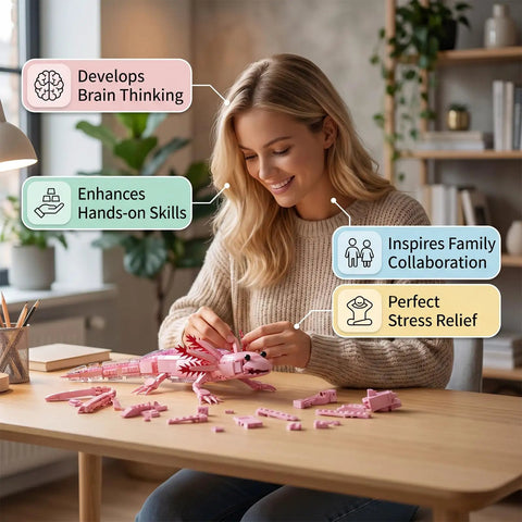 Woman assembling Pink Axolotl Building Block Set 998 Pieces 1 To 1 Scale Amphibian Model Kit at home desk