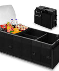 Built In Insulated Leak Proof Cooler Bag Trunk Organizer For SUV with groceries in compartments, foldable design shown.