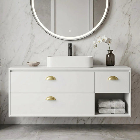 Light Brass Cup Pulls 10 Pack Brushed Gold Cabinet Pulls Gold Cup Drawer Handles on white floating vanity with marble wall
