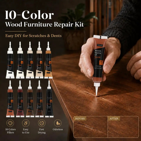 Straight Up Tough Wood Repair Paste With Crack Lock Formula And Easy Glide Blend Sticks For No Stress Furniture Fixing And Lasting Surface Renewal Collection Kit with 10 color fillers on a wooden table.