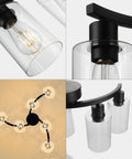 Close-up on 6 Light Modern Farmhouse Black Chandelier For Dining Room With Adjustable Height Industrial Pendant Lights And Clear Glass Shades