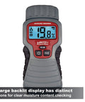 Front view of 7440 AccuMASTER XT Digital Moisture Meter Handheld Pin Type with backlit LCD display showing moisture percentage.