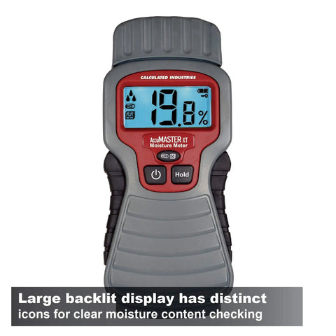 AccuMASTER Duo Pro Pin And Pinless Moisture Meter with backlit display showing moisture percentage for Restoration Pros and DIYers.