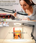 LED Magnifying Glass Desk Lamp With Clamp for Reading and Craft Workbench 3 color modes shown illuminating desk area