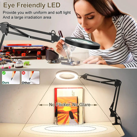 LED Magnifying Glass Desk Lamp With Clamp for Reading and Craft Workbench 3 color modes shown illuminating desk area