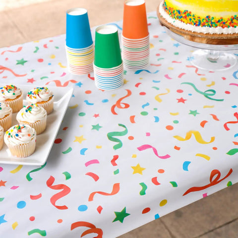 Two Pack Fitted Plastic Tablecloth With Elastic Edge No Slip Windproof Table Cover For Birthday Parties with confetti print