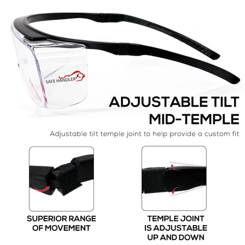 Top Shelf Anti Fog Safety Glasses Over Eyeglasses Clear Impact Resistant Polycarbonate Lenses with adjustable mid-temple joint.