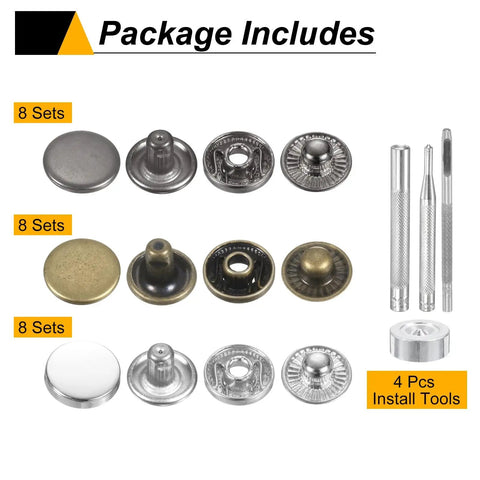 Kickass 24 Piece Leather Snap Fastener Kit 12Mm with 24 snaps and 4 install tools in silver, bronze, and gunmetal finishes.