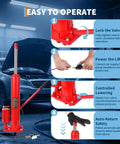 Front view: Red 8-ton air/hydraulic long-ram jack with clevis base and pump handle.