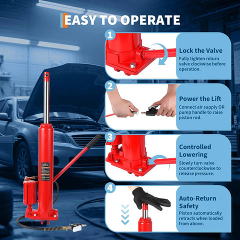 Front view: Red 8-ton air/hydraulic long-ram jack with clevis base and pump handle.