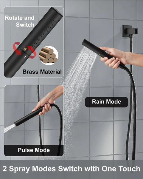 Premium High Pressure Shower System With 12 Inch Rain Head And 2 In 1 Handheld Sprayer Matte Black Wall Mount Fixture