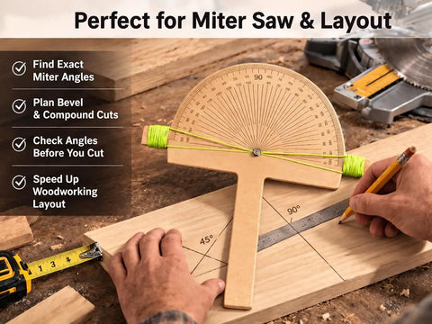 Heavy Duty Angle Finder Ruler And Protractor Tool For No Sweat Woodworking Layouts With Crisp Degree Markings and Secure Pivot Lock in use on wood.