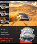 Two Rear Wheel Bearing And Hub Assembly Set Direct Fit For Jeep Cherokee KL Series 2014 2022 And Chrysler 200 2015 2017 FWD Only Built With Beefed Up Heavy Load Ball Or Roller Bearings For Superior Axial And Radial Load Capacity And Quieter Smoother Ride image showing hub with axial, radial, and vertical load capabilities and SUV in desert.