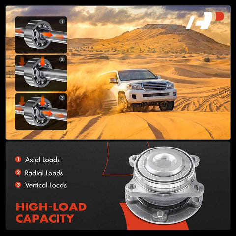 Two Rear Wheel Bearing And Hub Assembly Set Direct Fit For Jeep Cherokee KL Series 2014 2022 And Chrysler 200 2015 2017 FWD Only Built With Beefed Up Heavy Load Ball Or Roller Bearings For Superior Axial And Radial Load Capacity And Quieter Smoother Ride image showing hub with axial, radial, and vertical load capabilities and SUV in desert.