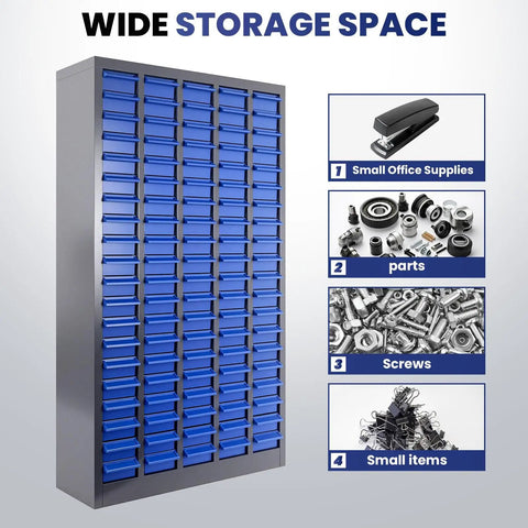 100 Drawer Parts Cabinet With Nut And Bolt Organizer Label Stickers ABS Material Drawers in blue, for workshop use.