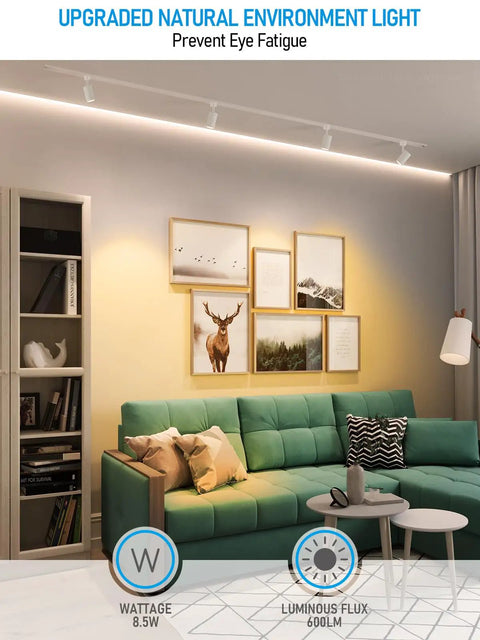 8.5W LED H Track Lighting Heads Pack Of 4 Dimmable ETL Listed 600 Lumens CRI90 2700K illuminating living room with green sofa