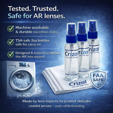 Crizal lens cleaning kit with 3 spray bottles and 3 microfiber cloths for AR-coated lenses